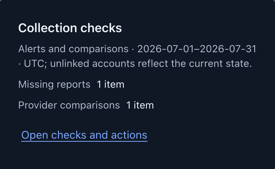 TokenMeter Collection checks for a sample organization, July 2026: missing reports 1 item, provider comparisons 1 item.